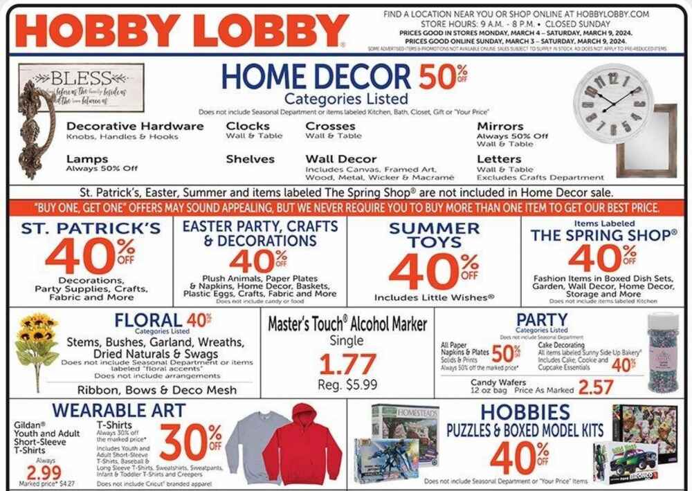 Hobby Lobby Weekly Ad March 3 to March 9, 2024